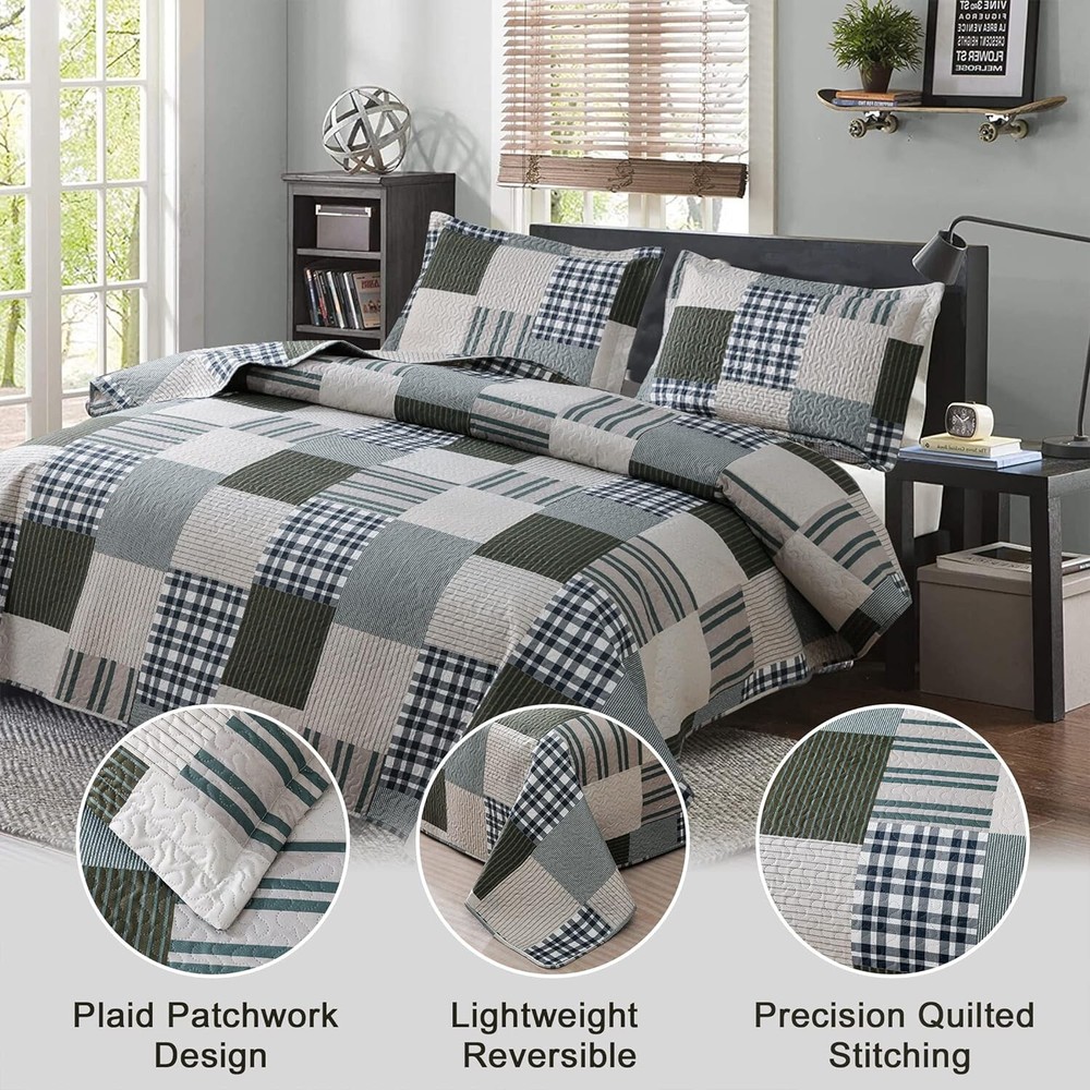 Durable Microfiber Queen Bedspread with Patchwork Design - Easy Care Bedding