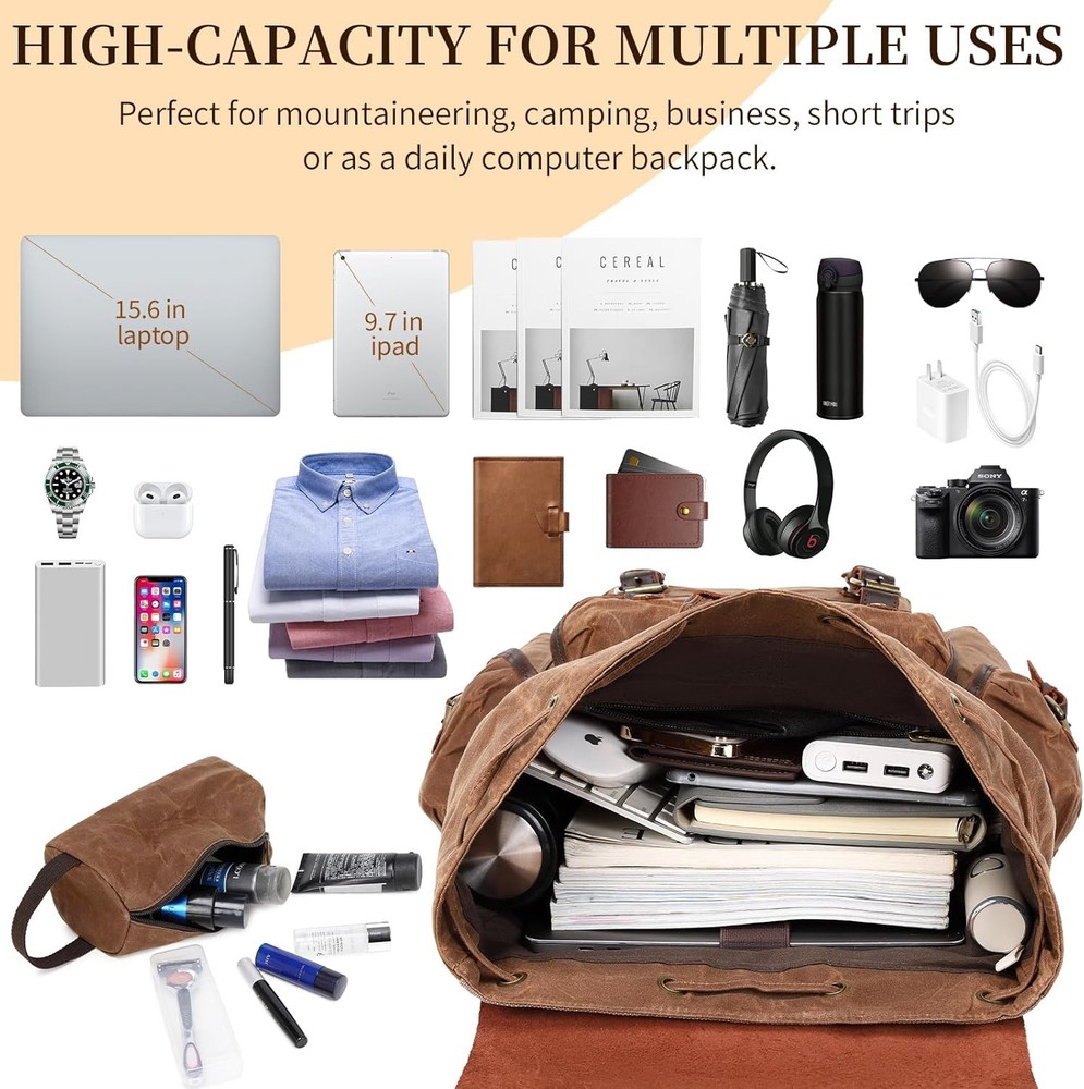 Genuine Leather Backpack for Men, Waxed Canvas Shoulder Rucksack...