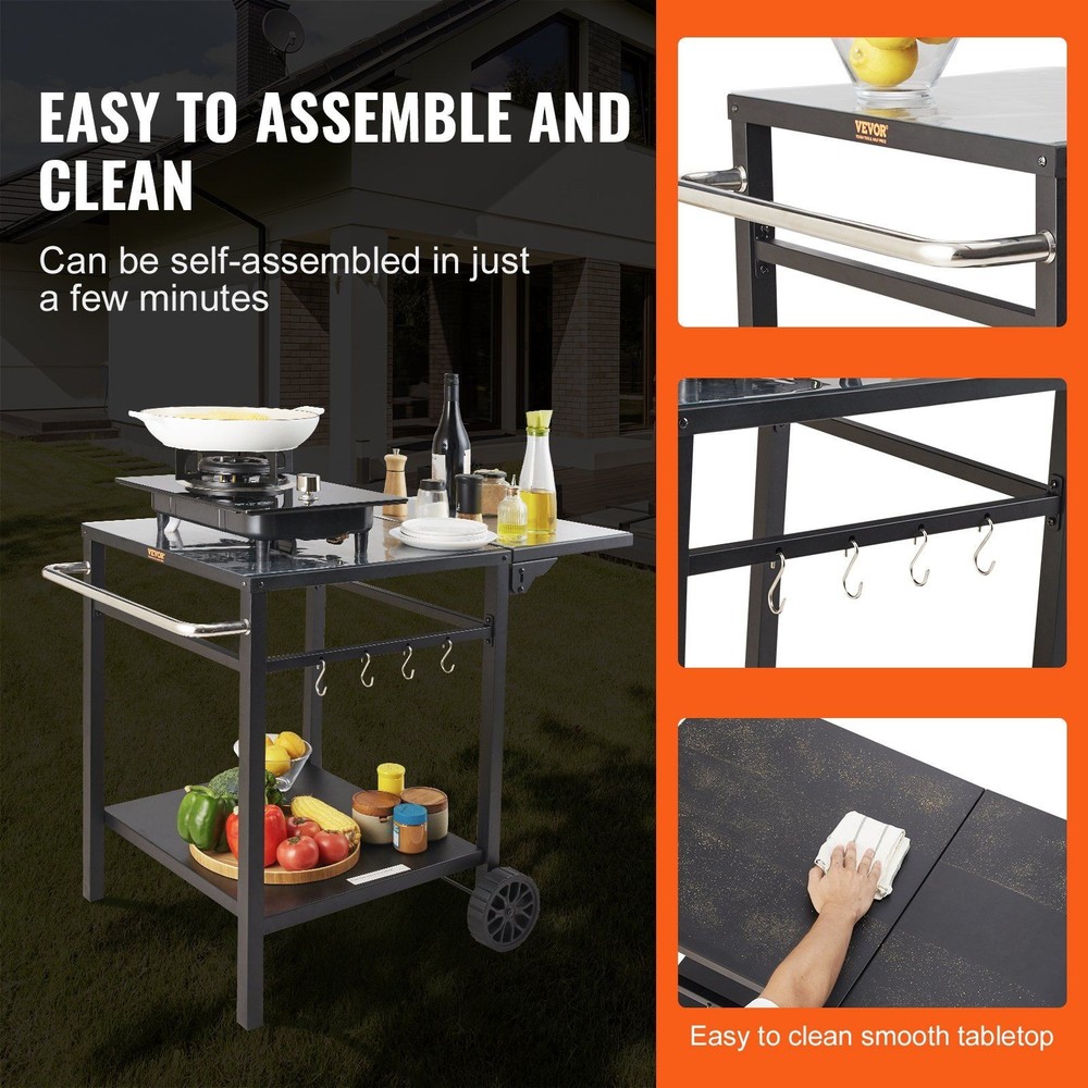 BBQ Prep Cart: Iron Frame, Double Shelves, Foldable Side Table, 220lb Capacity