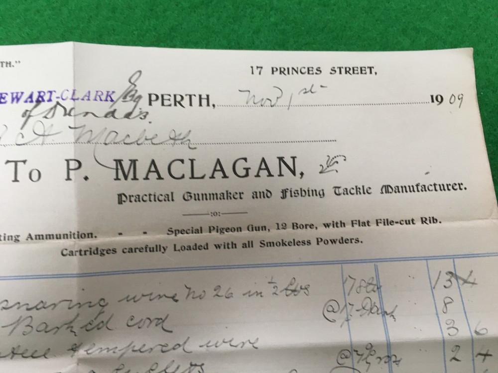 MACLAGAN GUNMAKER PERTH 1909 -- ACCOUNT 16/20 CM