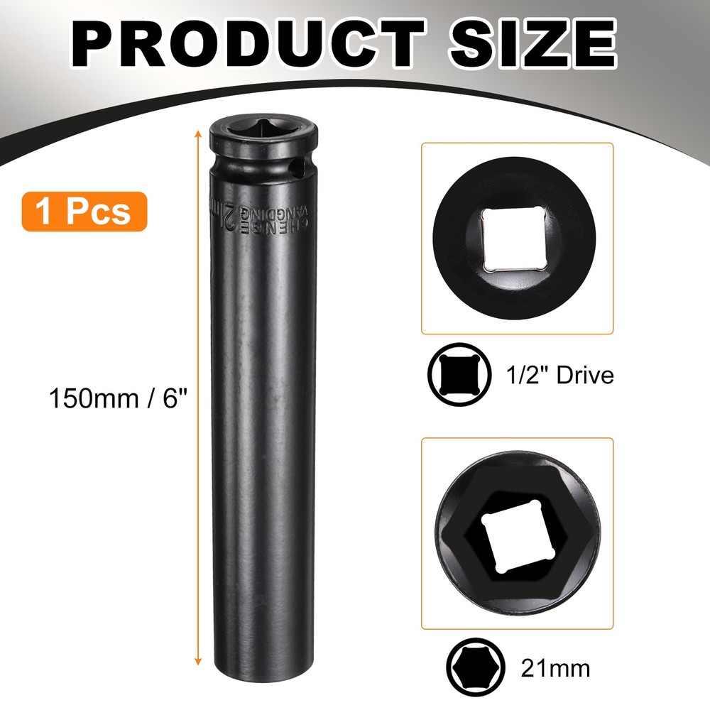 6-Point Deep Impact Socket 21mm Metric Socket 1/2" Drive 6" Long