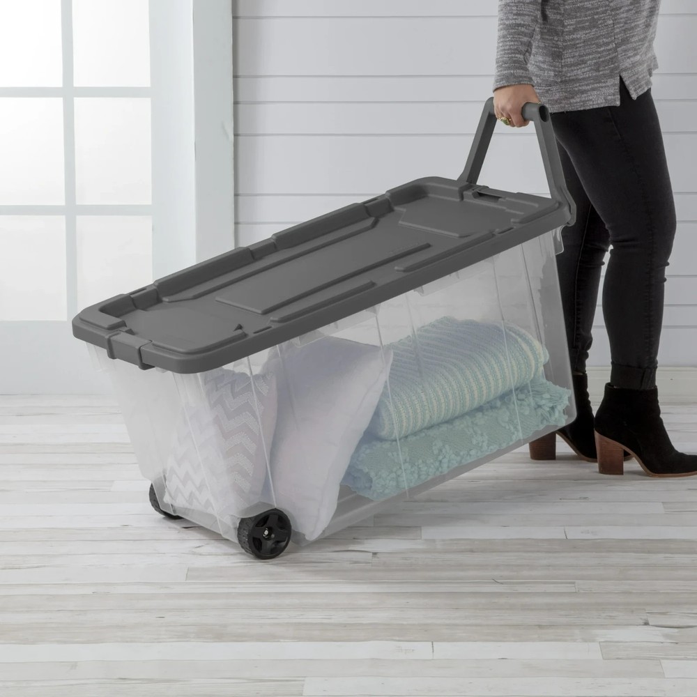 Sterilite 160 Quart Wheeled Stacker, Latch Lid and Pull Handle, Gray, 2 Count
