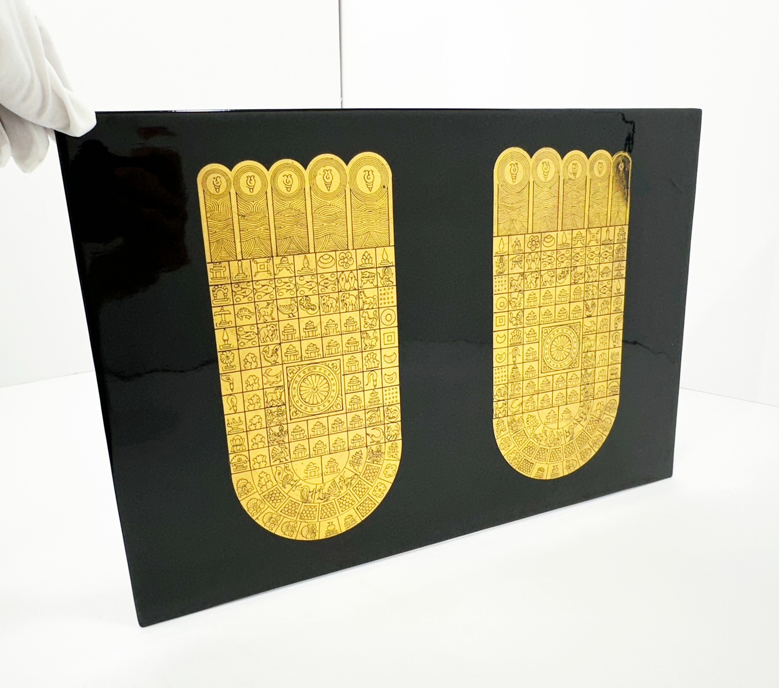 Large Burmese Gold Leaf Buddha Footprint Lacquer Panel Altar Art Zen Decor 18"