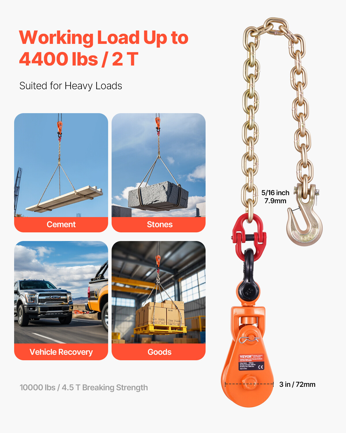 2 Ton 3" Snatch Block with Chain Flatbed Tow Truck Rollback Car Carrier Cable