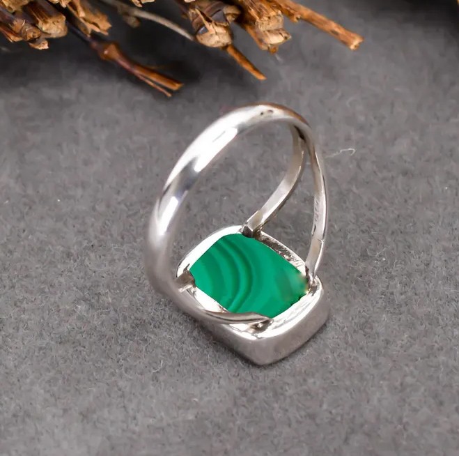Solid 925 Sterling Silver Natural Green Malachite Rectangle Gemstone Boho Ring