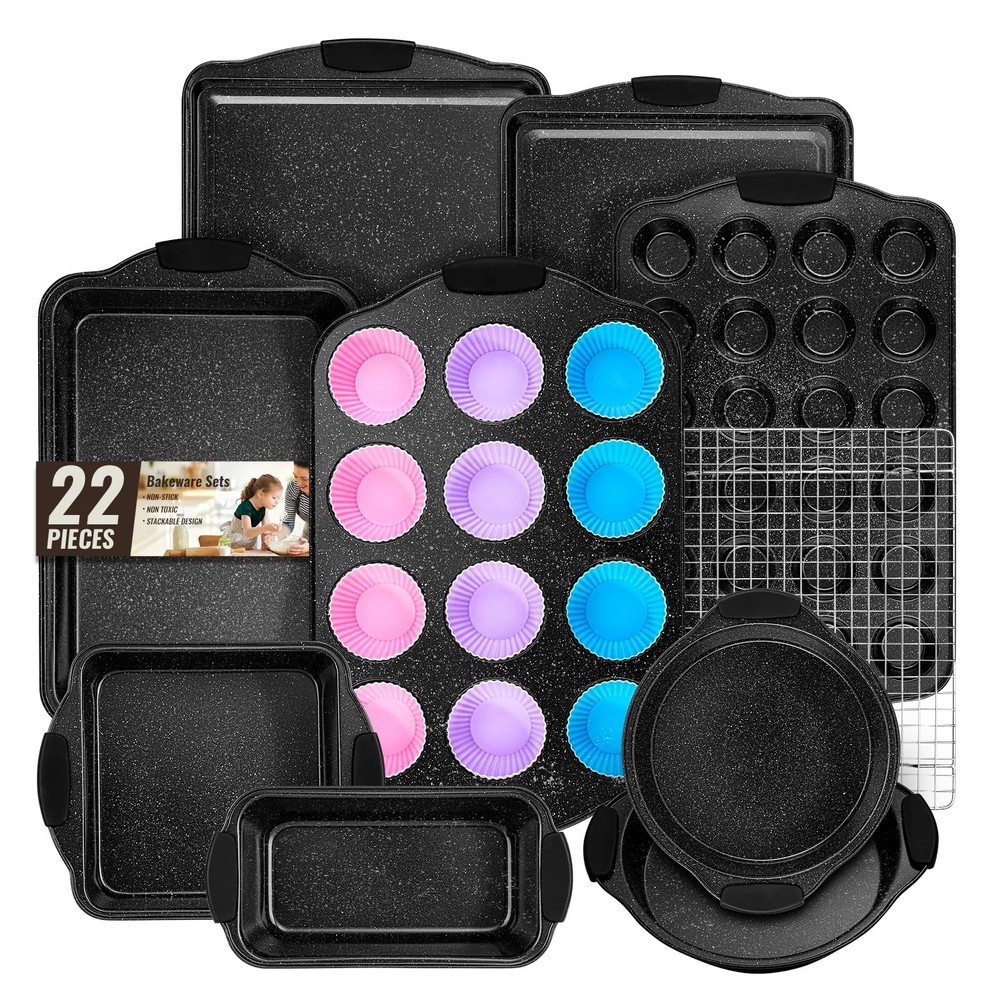 AIVIKI 22 Pieces Nonstick Baking Pans Set Stackable Bakeware with Silicone Handl