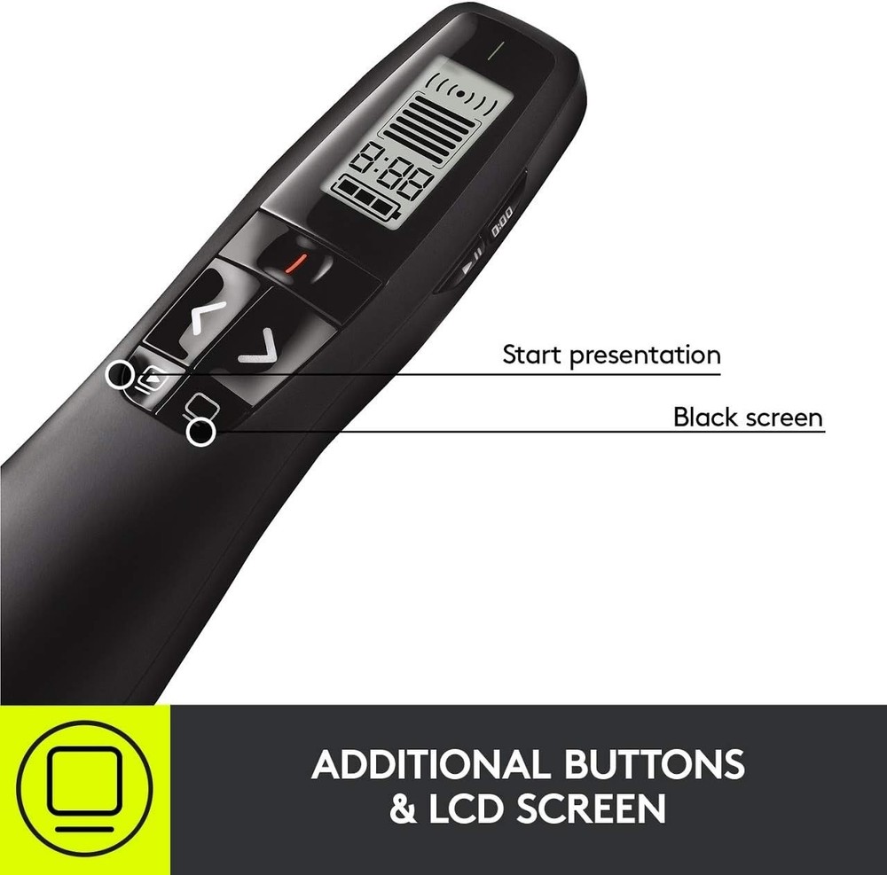 Logitech R800 Wireless Presenter, Green Laser Pointer, 100ft Range, LCD Timer