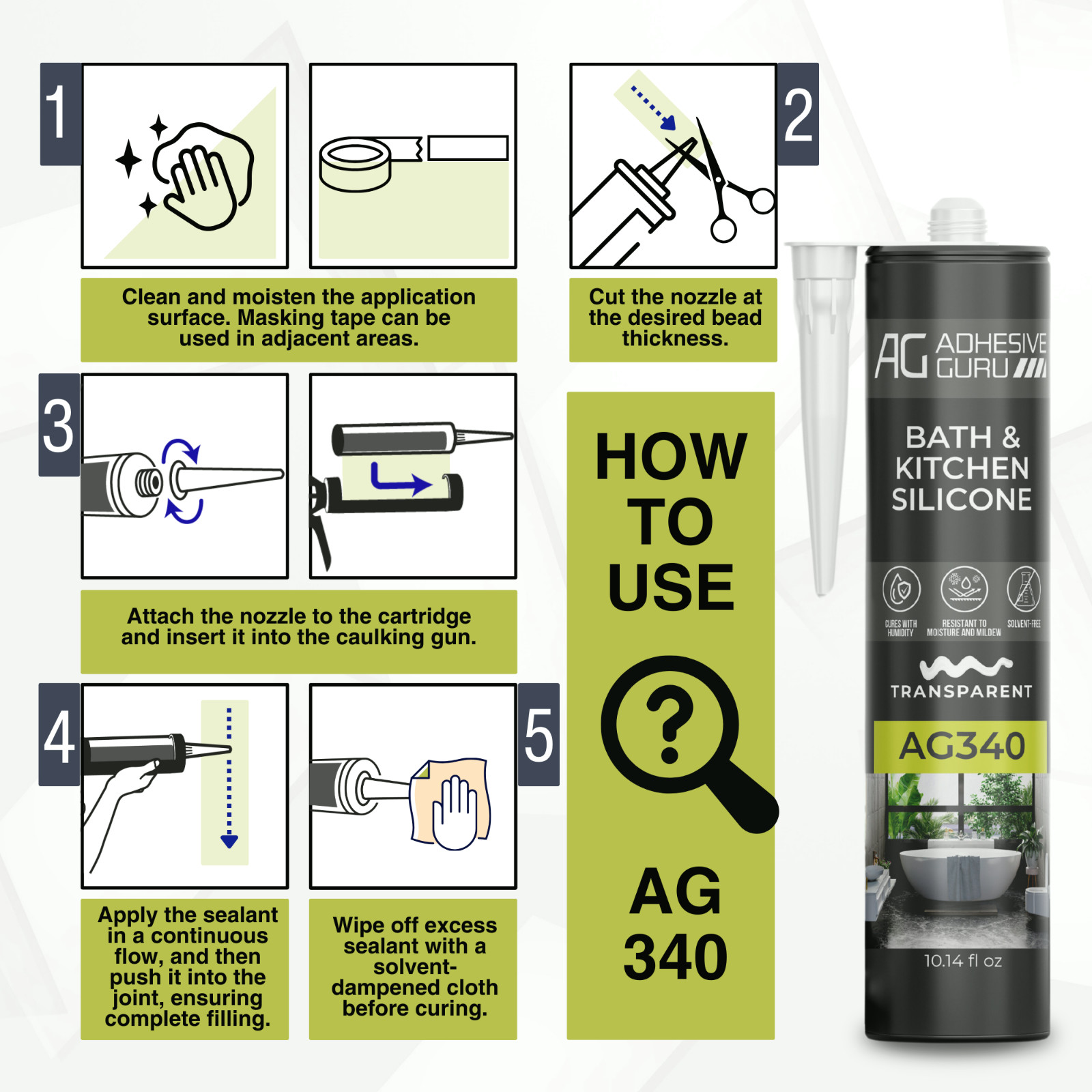 Adhesive Guru AG340 Clear Silicone Sealant (12x10.14 fl oz), 100% Silicone Caulk