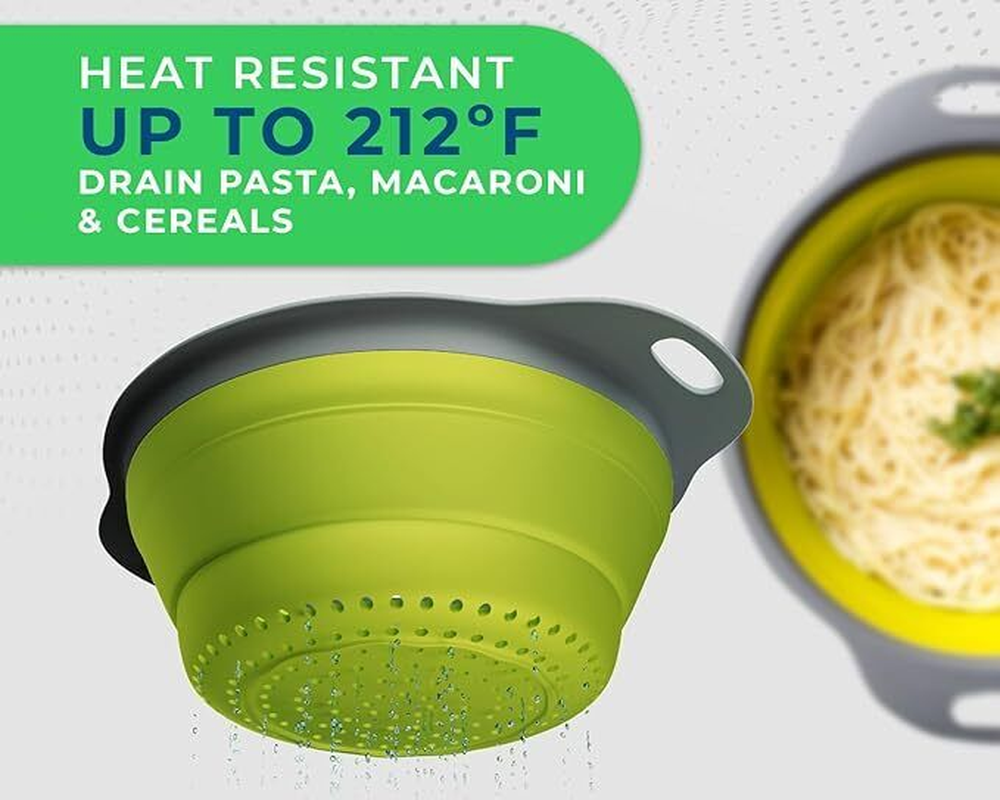 Collapsible Colanders, Space-Saving Food-Grade Silicone Strainers (Green)