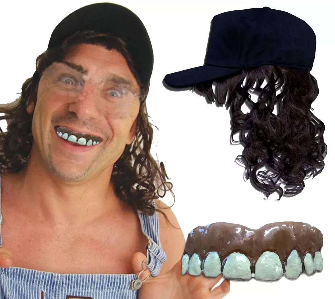 4pc Hillbilly Flip Flops Teeth Billy Ray Mullet Hat Wig Halloween Costume OS Bob
