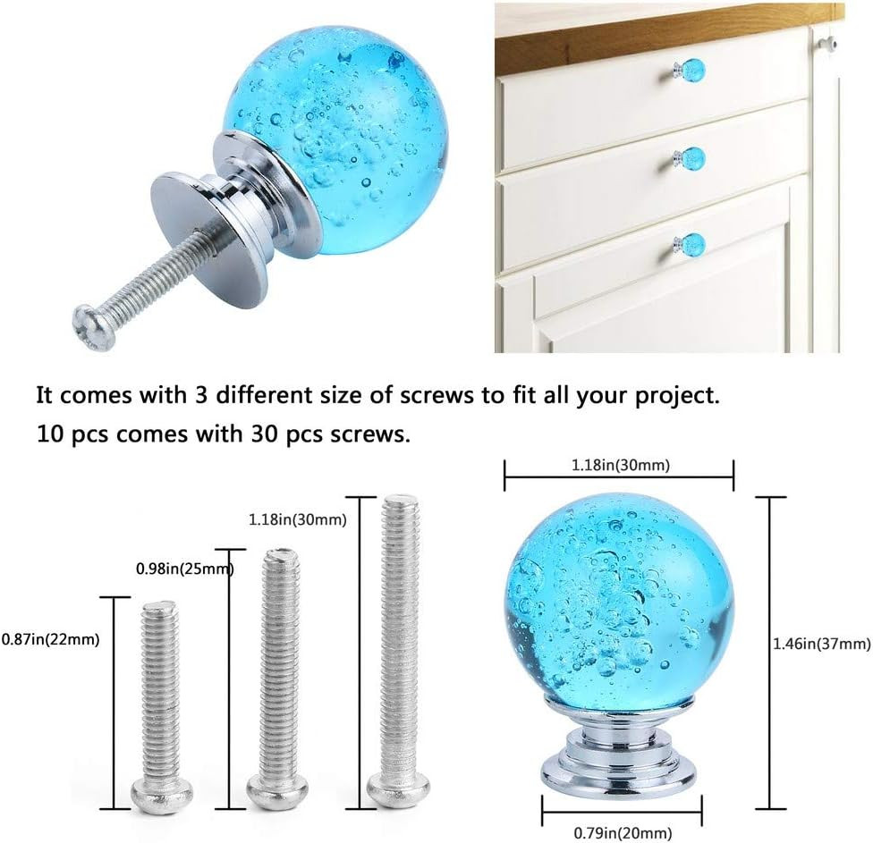 IEIK10 PCS Crystal Cabinet Knobs Azure Blue Round Glass Bubbles Knobs Smooth ...