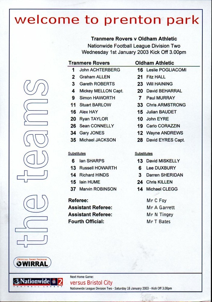 Team Sheet - Tranmere Rovers v Oldham Athletic 1.1.2003