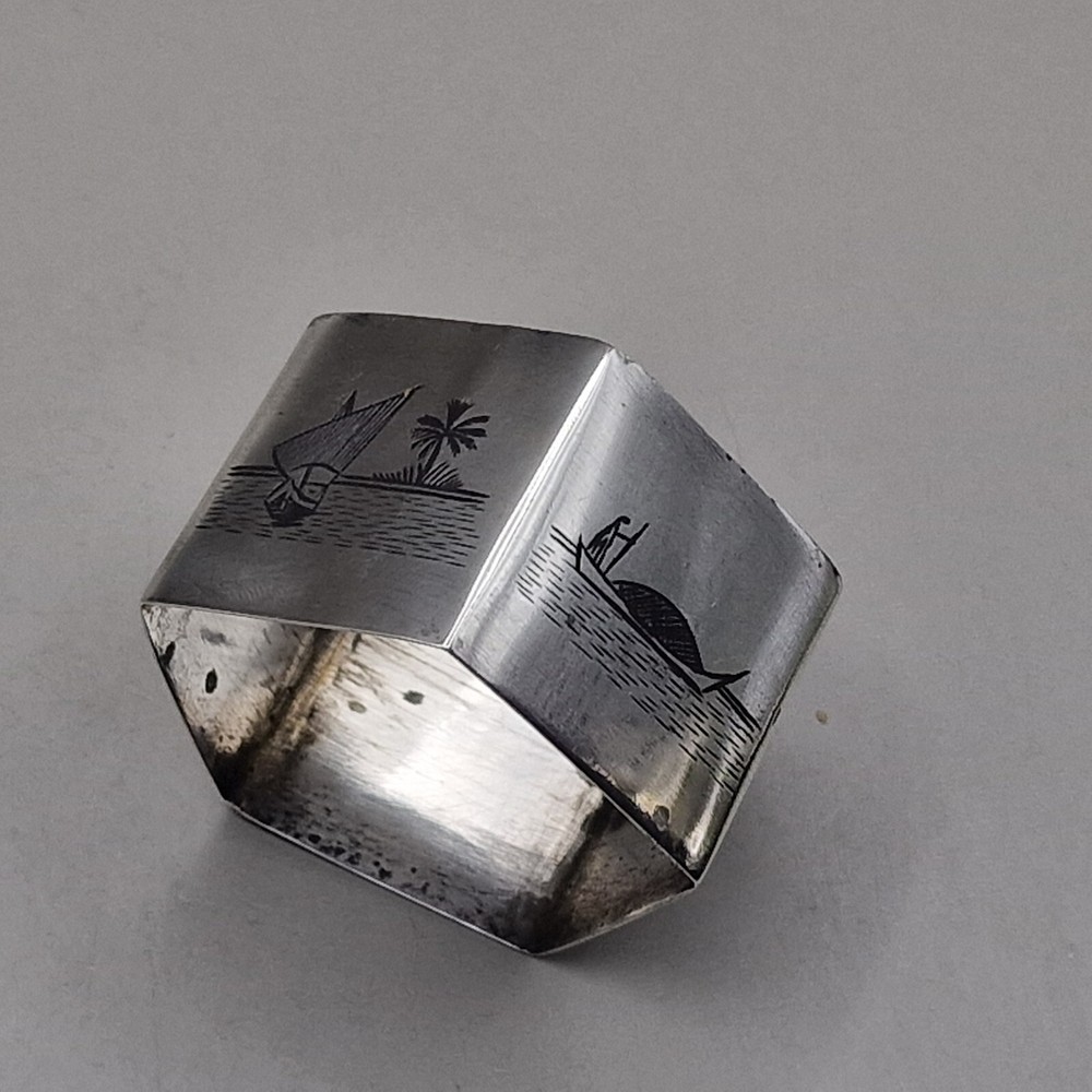 Persian Sterling Silver and Niello Hexagonal Napkin Ring