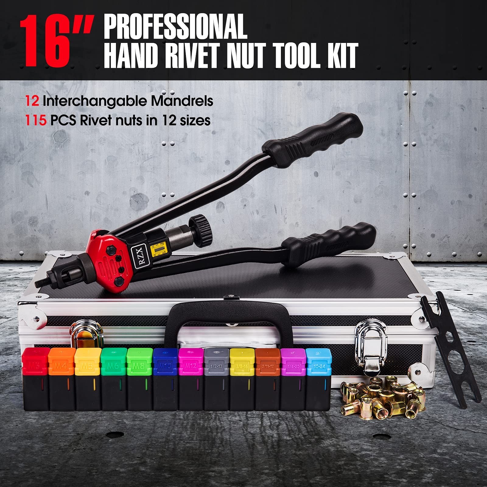 RZX 16" Rivet Nut Tool, Professional Rivet Nut Tool Setter Kit Including 12 M...