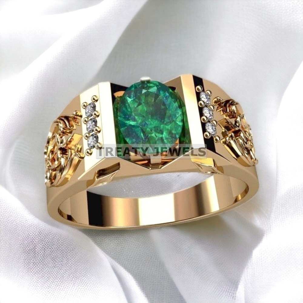Emerald Oval Cut With 14K Solid Yellow Gold Ring For Men's #583