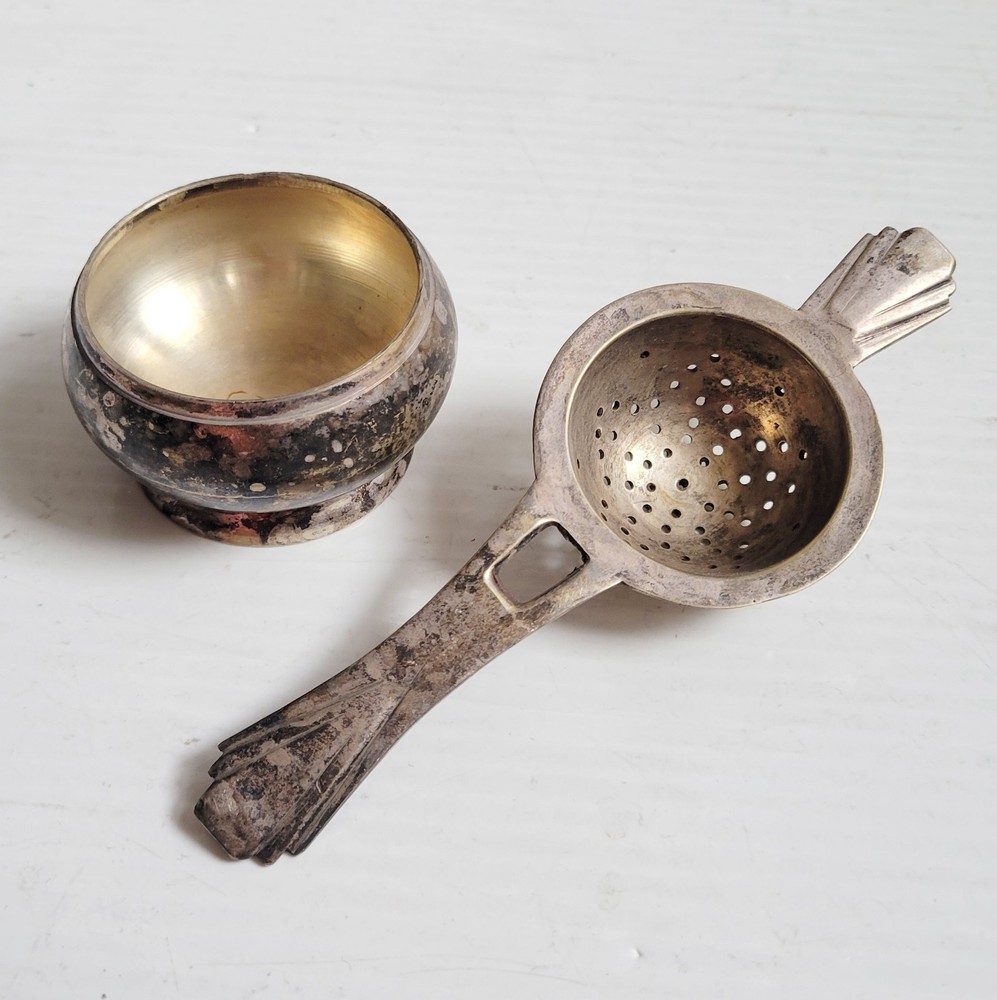 Vtg Loose Tea Bag Strainer Basket Silver Plated Spoon Cup w/ Rest Stand England