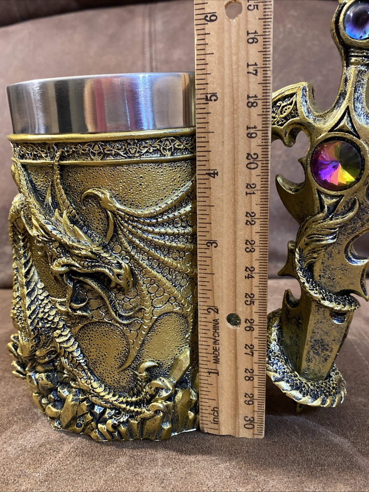 New Dungeon Dragon Jeweled Gemstone Sword Gold Drinking Mug Fantasy Mythical