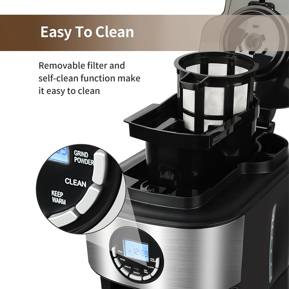 TEGLU Coffee Maker with Grinder 12 Cups,Programmable Grind & Brew Coffee Machine