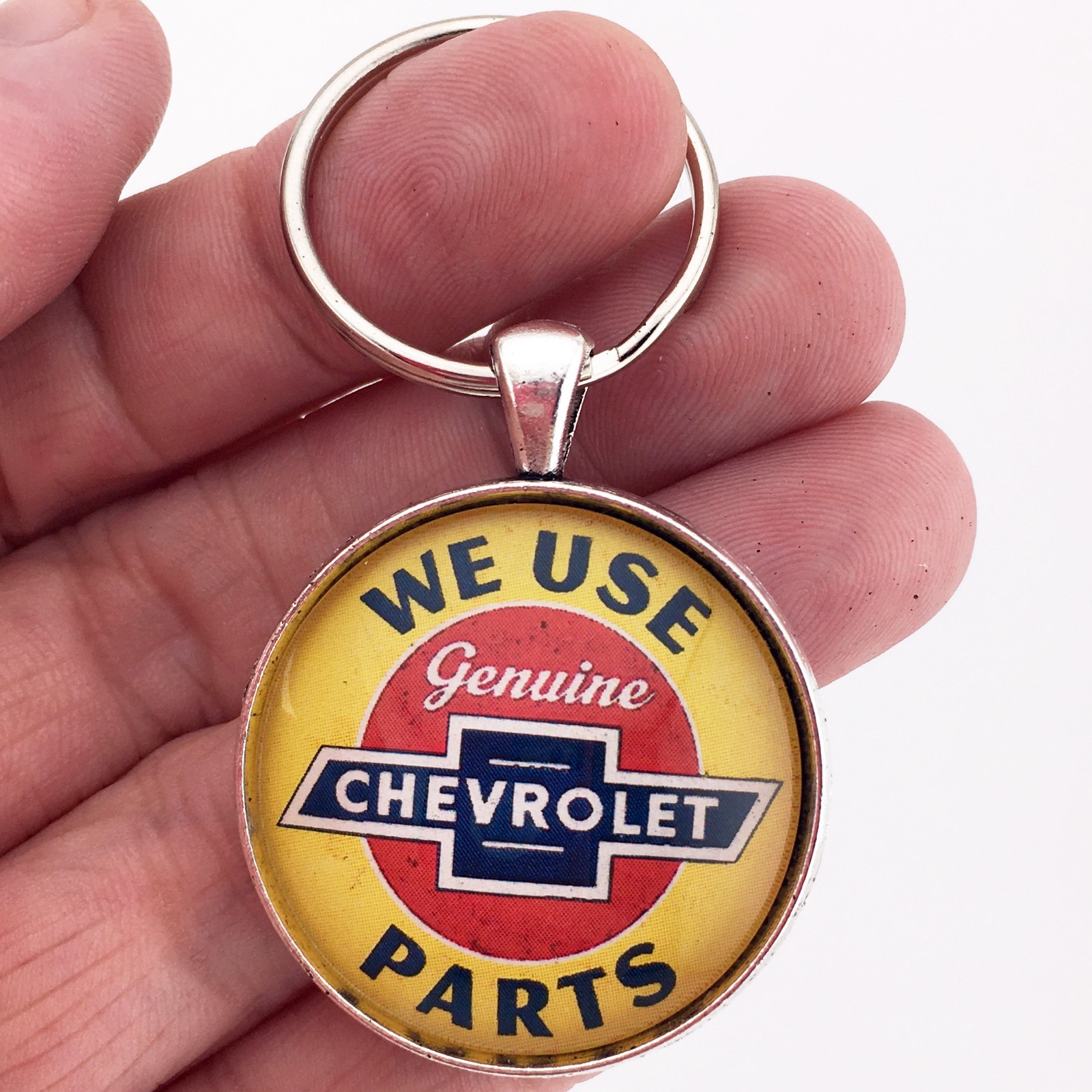 Vintage We Use Genuine Chevrolet Parts Sign Chevy bowtie Keychain Reproduction