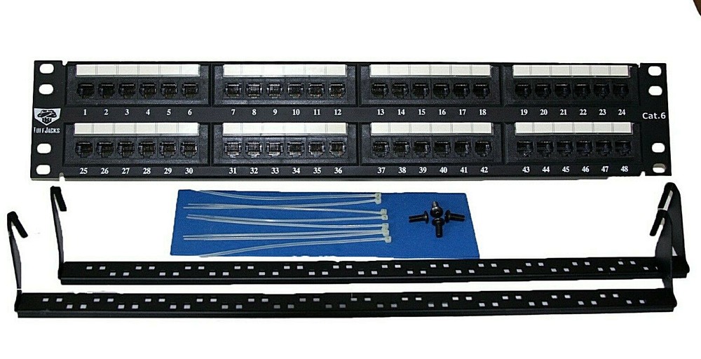 CAT6 48 Port Patch Panel w/ 2U Hinged Wall Bracket, Square Nuts, Tie Wraps