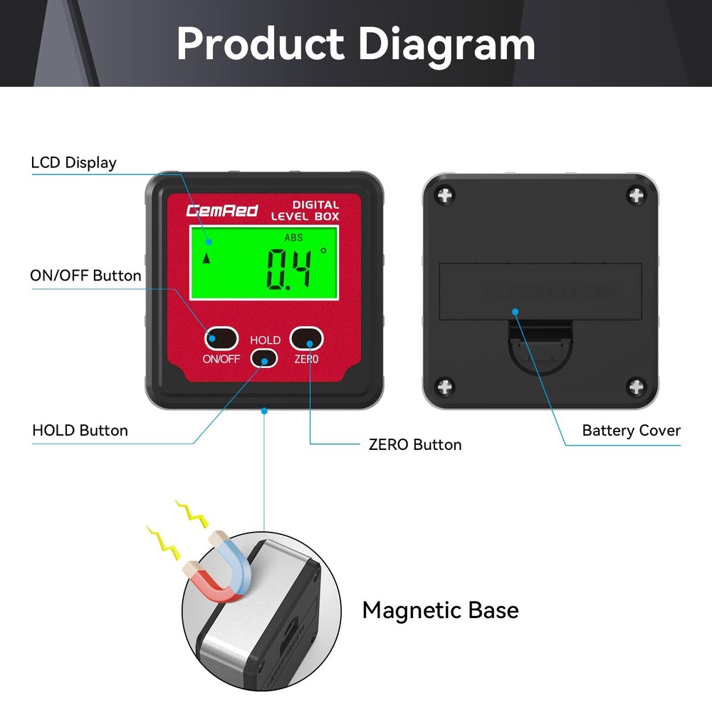 GemRed Digital Angle Gauge (Aluminum-with Hold Function)