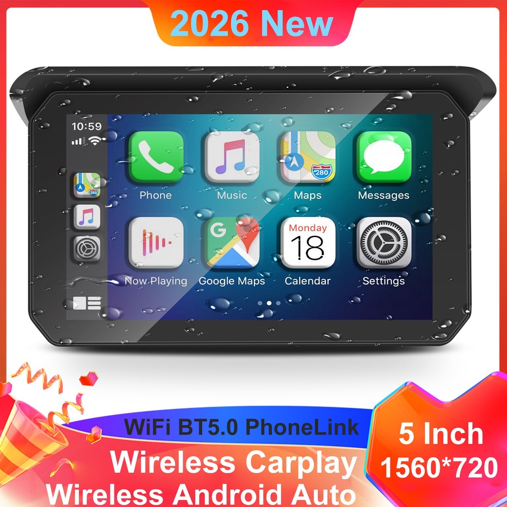 5" Portable Motorcycle Wireless CarPlay Android Auto GPS Navigation Waterproof