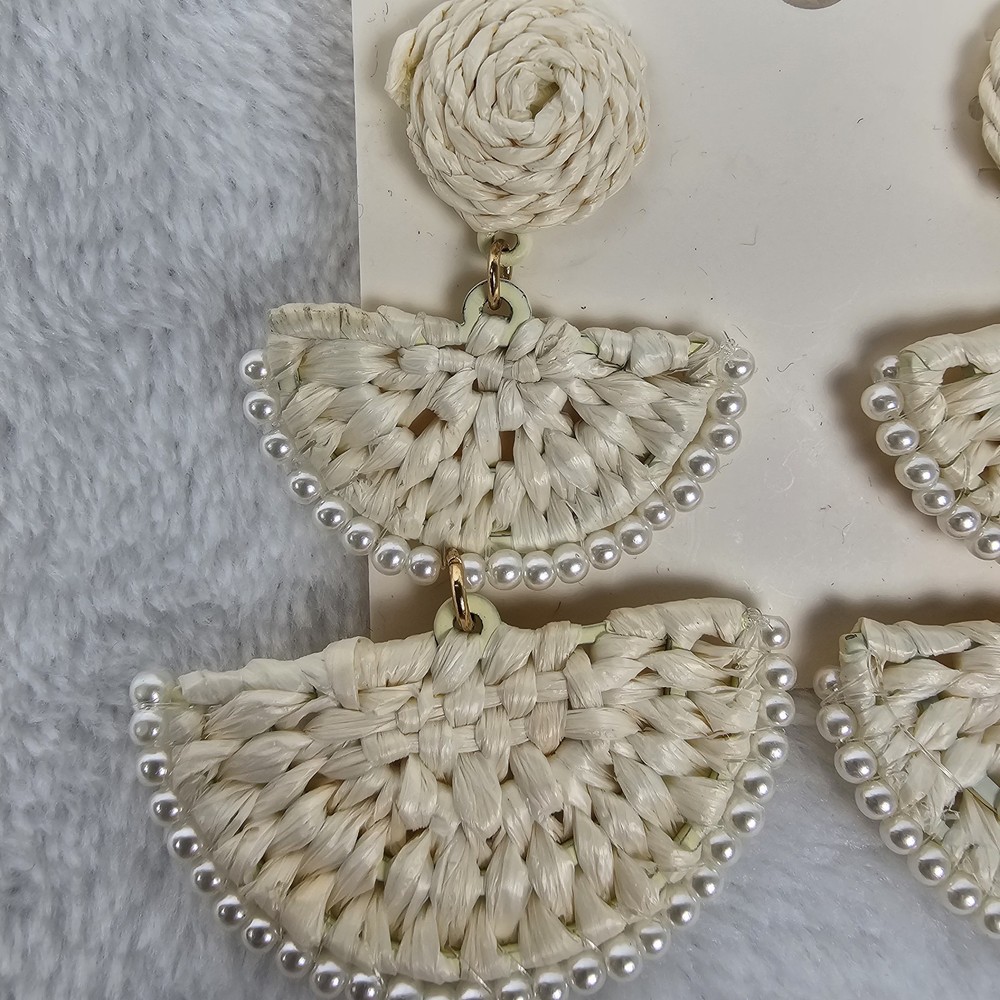 On 34th White Woven Statement Earrings Boho Raffia Beaded