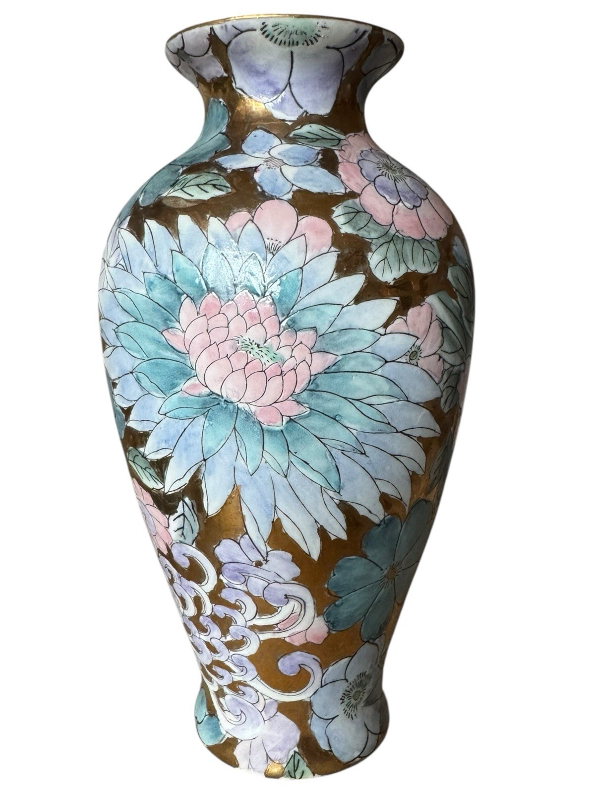 Vintage 8” Vase Chinoiserie Golden Peony Pastel Pink Purple Blue Toyo Macau 1970