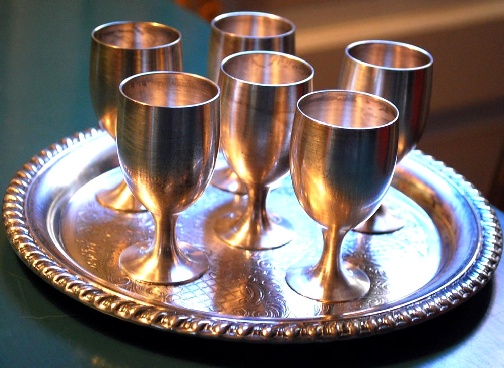 TOASTING SET Vintage LEONARD SILVERPLATE 'EPNS' Cordial Goblet 6 Cups & 1 Tray