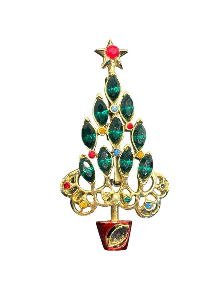 Christmas tree Holiday rhinestone & enamel gold tone brooch pin red green