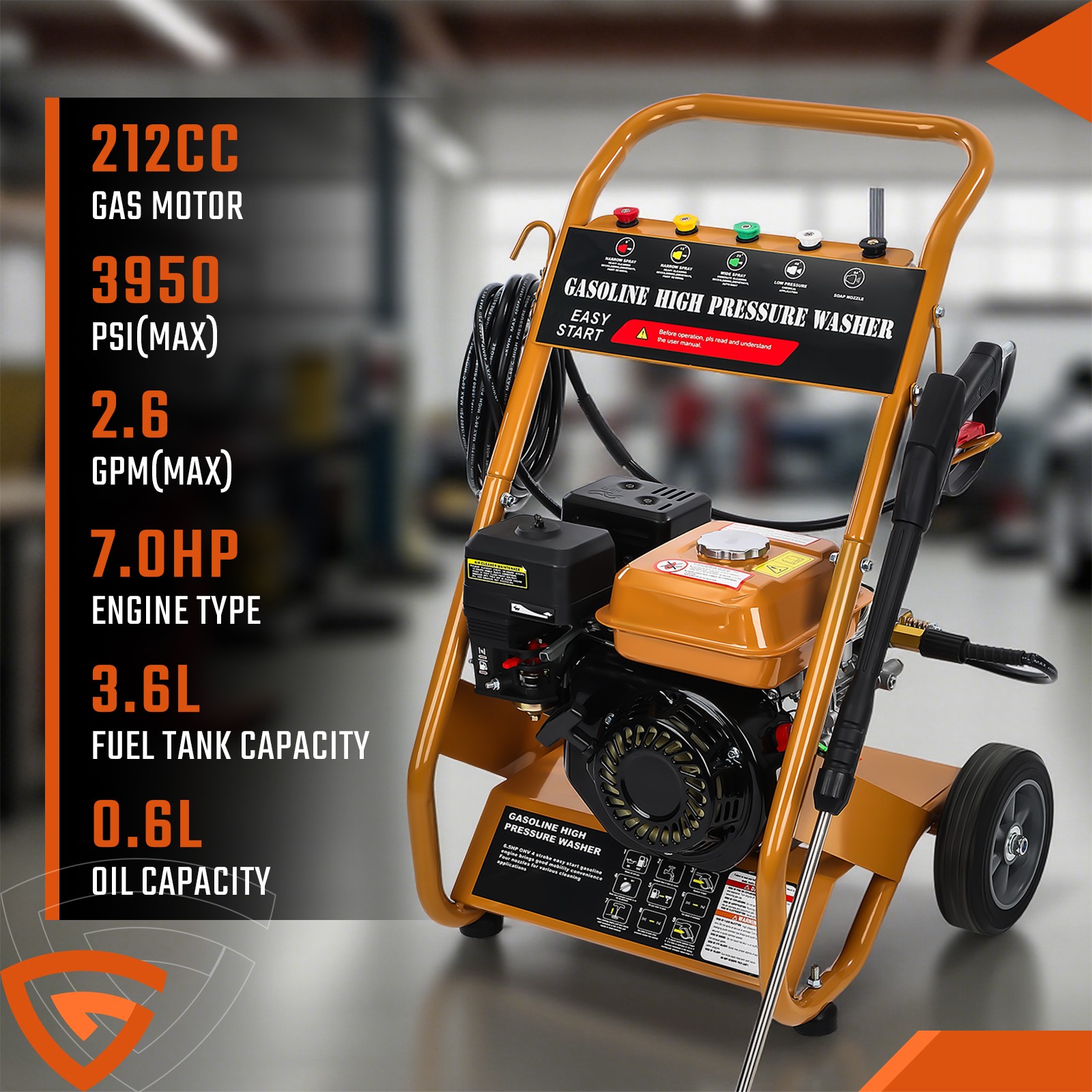 3950 PSI Gas Pressure Washer 5 Nozzles Gas Powered Washer 7HP 2.6 GPM 212cc