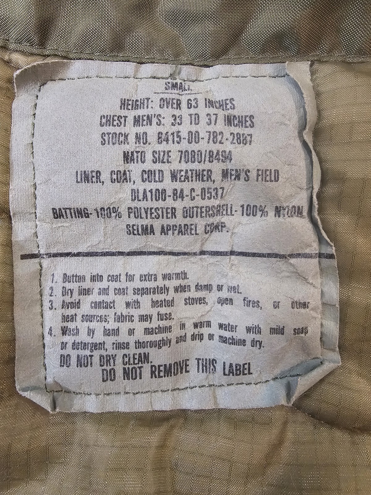 Vintage USGI M65 Cold Weather Field Jacket Liner Smokers Jacket Small