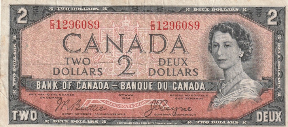 Canada 1954 2 Dollars Circulated Banknote Pick BC-30b Devil's Face E/B