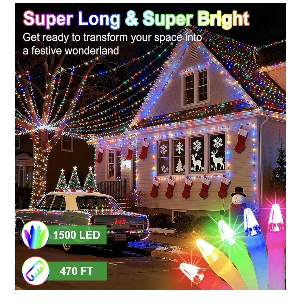 1500 LED 470FT Christmas String Lights, 12 Modes and Timer Memory Dimmable, Plug