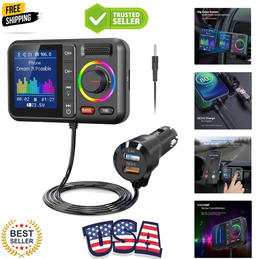 Bluetooth FM Transmitter for Car, Wireless Car Bluetooth V5.0 Adapter with Bi...