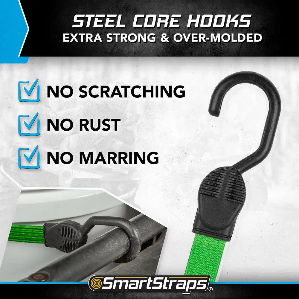 24 In. Green Flat Strap Bungee Cord with Hooks - 2 Pack