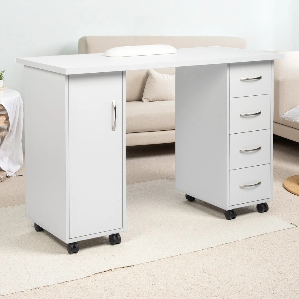 Rolling Computer Desk - White, 4-Drawer, Shelves Storage & MDF ​Nail Table​
