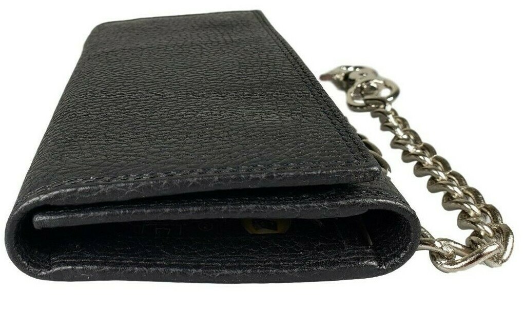 Black Leather Trifold Chain Motorcycle Biker Trucker Long Wallet With Belt Hook
