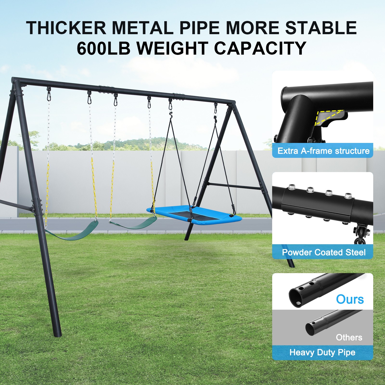 600lb Outdoor Swing Set for Backyard with 3 Swings Heavy Duty Metal Swing Stand