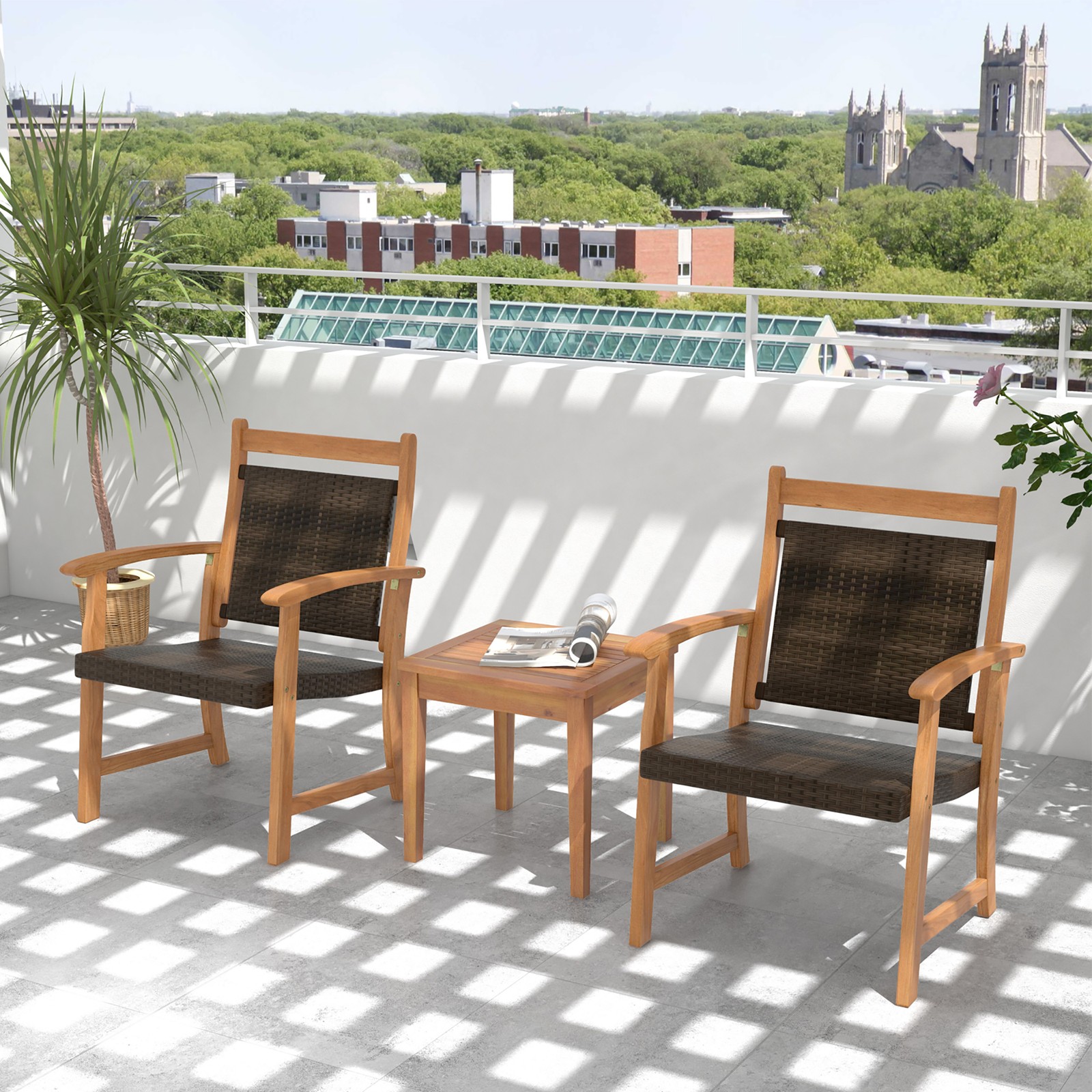 3PCS Patio Acacia Wood Rattan Bistro Set Outdoor Conversation Furniture Set