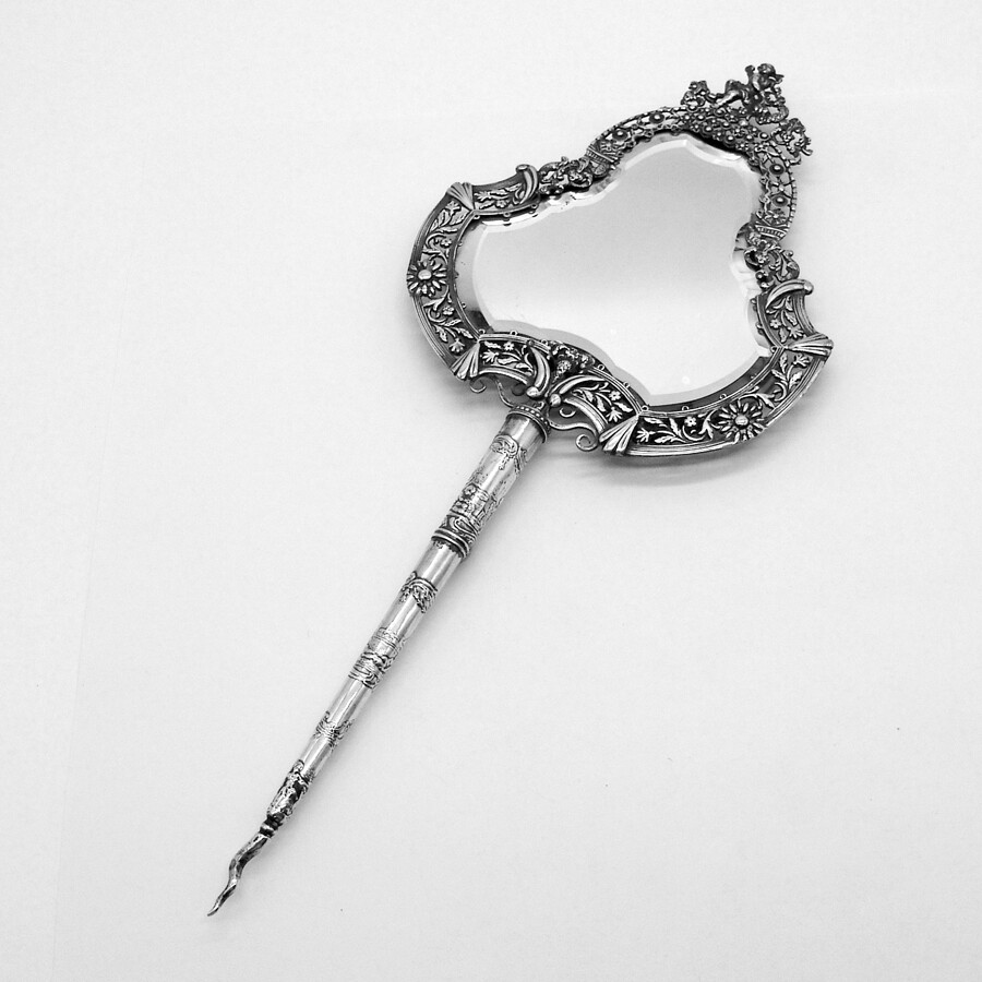 Ornate Hand Mirror Dutch 800 Silver Pick Handle