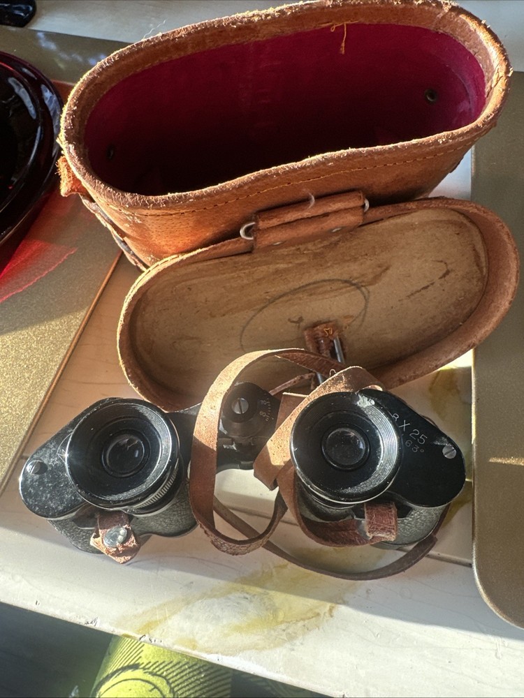 Vintage Brown Leather Binocular Case, Red Lining With Binoculars