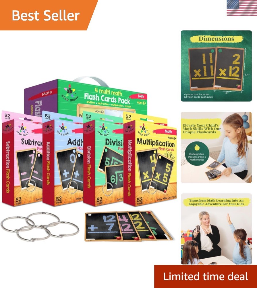 Interactive Math Flash Cards Set - 208 Cards for Addition, Subtraction, Division