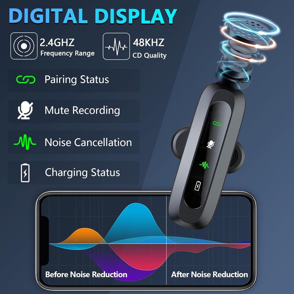 Wireless Microphone Mini Mic for iPhone/Android Phone, LED Display Lavalier Micr