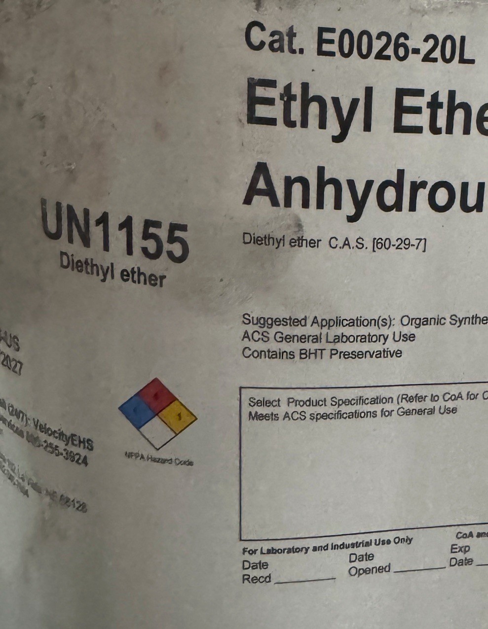 Ethyl Ether ACS Anhydrous E0026-20L . New Sealed Metal Can
