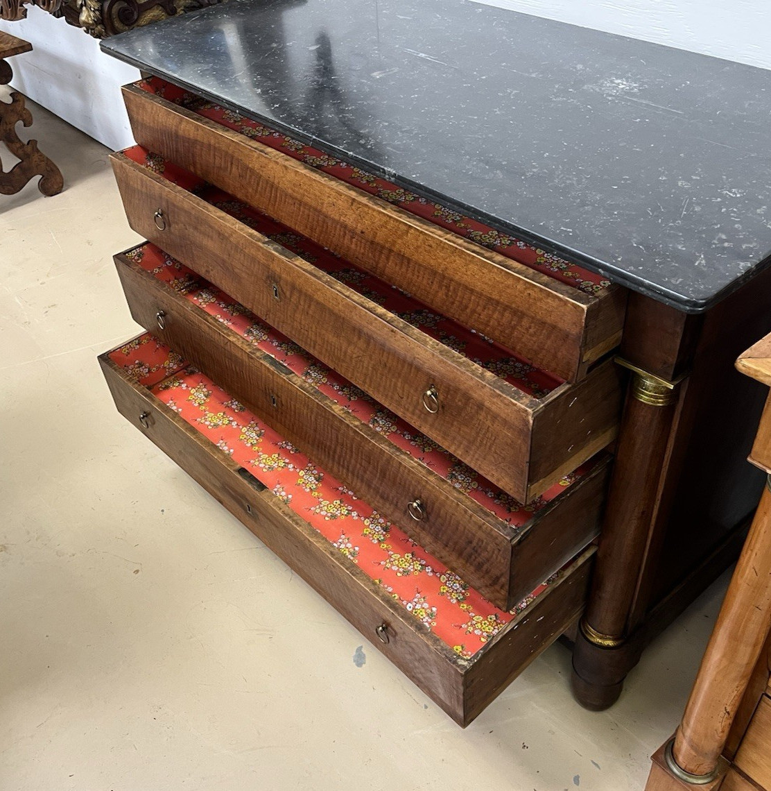 ANTIQUE FRENCH EMPIRE MARBLE-TOP WALNUT COMMODE CHEST OF DRAWERS 50.5” x 23”