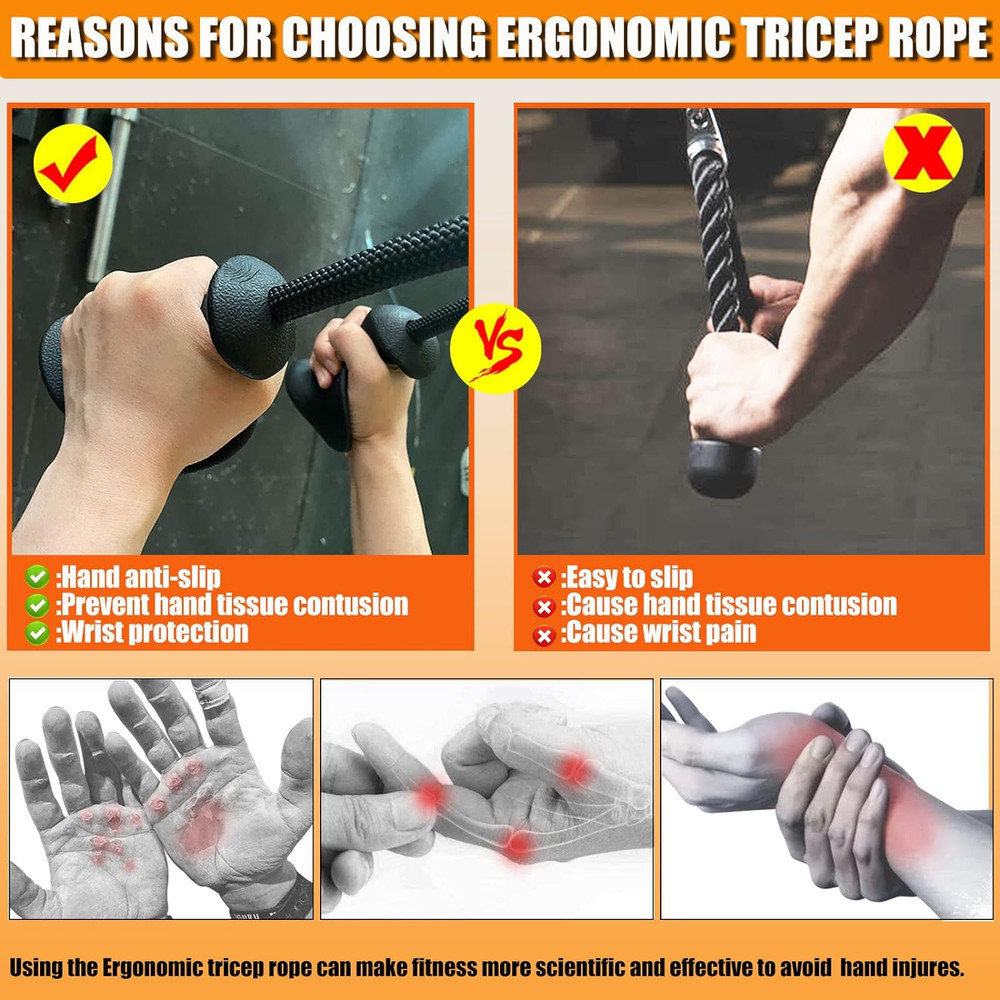 Ergonomic Tricep Rope Pull down Attachment, Gym Cable Attachment, Pull down Rope