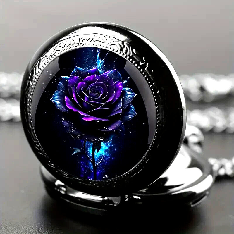 NEW Purple Rose Vintage Like, Quartz Pocket Watch, Black Necklace Chain 1.4wx.6d