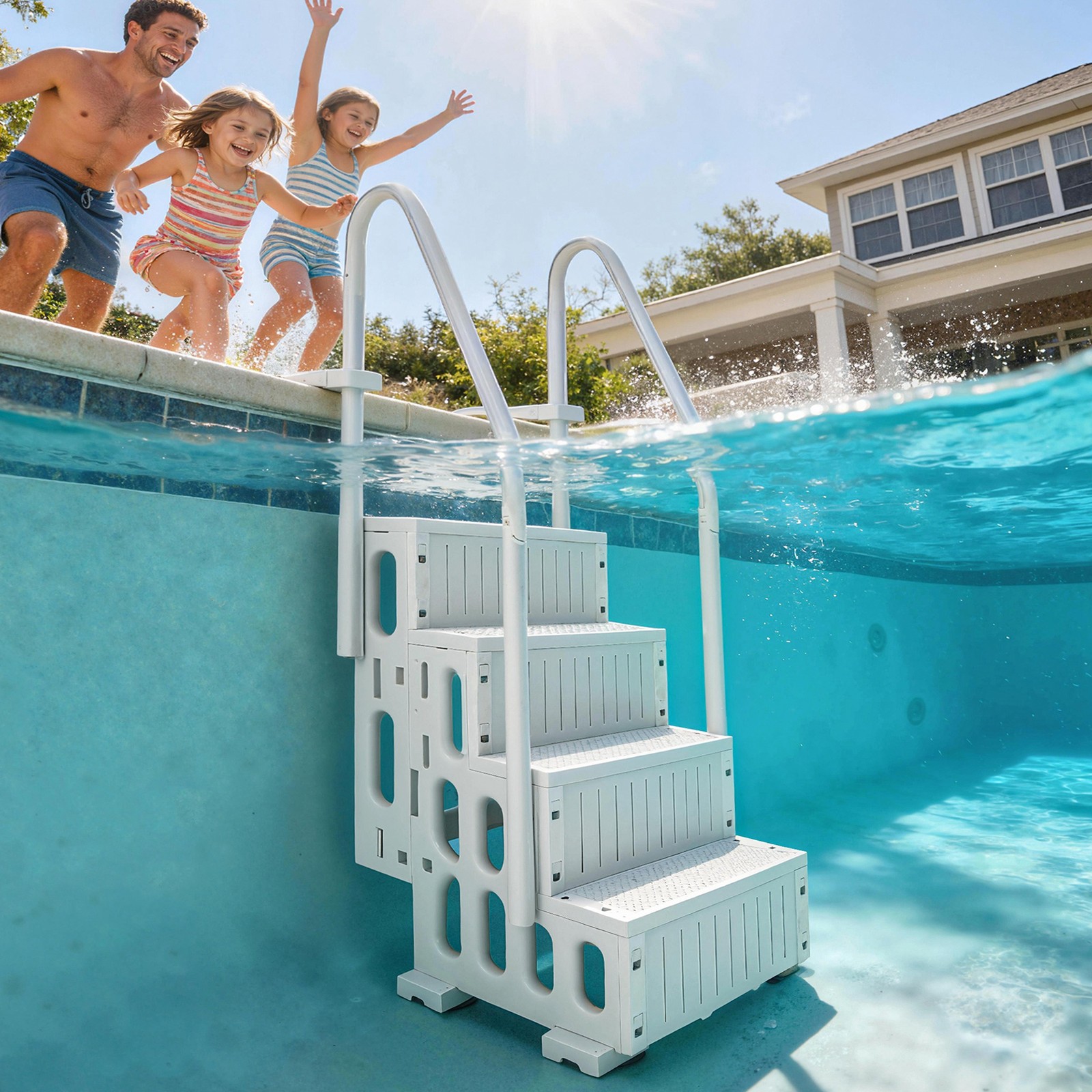 Outsunny Swimming Pool Ladder Adjustable 4-Step, Cream White, White
