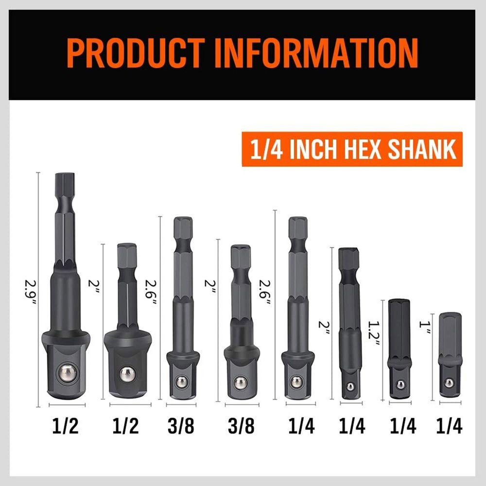 8Pcs Socket Adapter Impact Hex Shank Drill Bits Power Extension Bar 1/4 3/8 1/2
